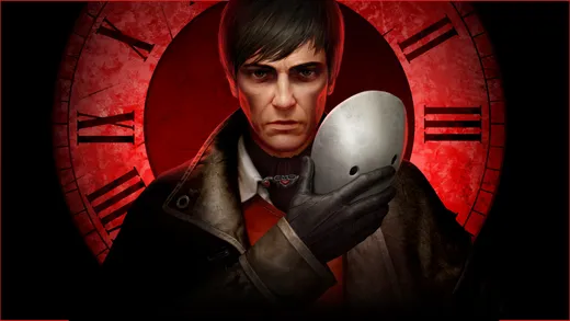 Человек снимает белую маску на фоне огромных часов