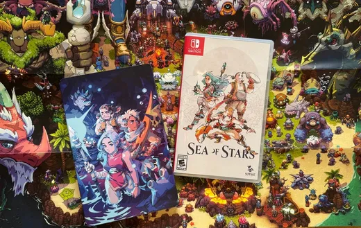 Коробка от картриджа Sea of Stars лежит на постере с персонажами игры