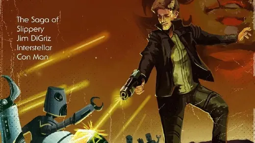 Человек стреляет из футуристичного оружия в роботов