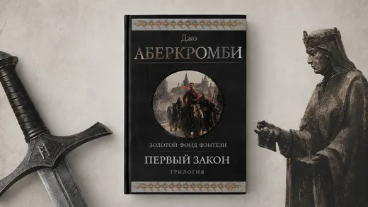 Книга. Первый закон - Джо Аберкромби. Рядом изображены меч и статуя короля.