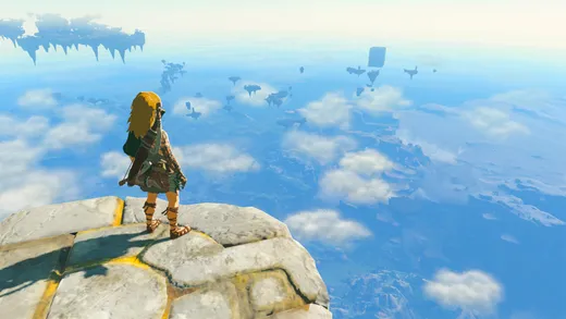 Link from The Legend of Zelda: Tears of the Kingdom looking down from flying island