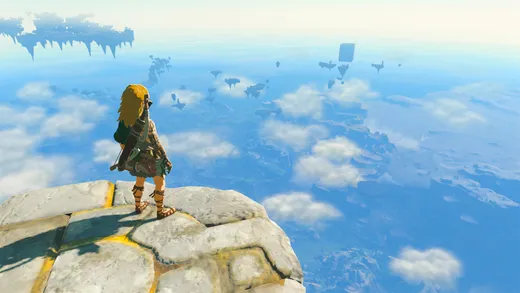 Link from The Legend of Zelda: Tears of the Kingdom looking down from flying island